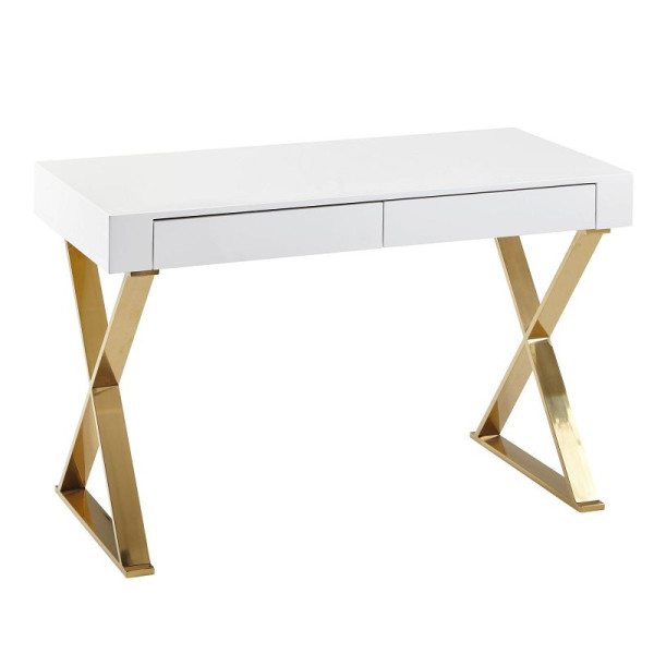 Wohnling Bureau 118x76x57 cm Bois Blanc Brillant Pieds en Métal Design Doré Table d'Ordinateur Table PC Table de Bureau Moderne WL6.314