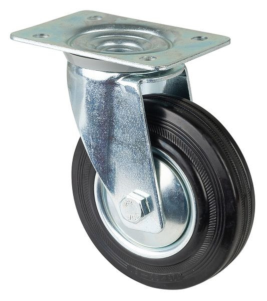 Rouleau de transport BS rollers, largeur de roue 37 mm, roue Ø 125 mm, capacité de charge 100 kg, caoutchouc noir, corps de roue jante en acier, roulement à rouleaux, plaque, LS400.B55.126
