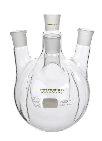 Ballon Rettberg à 4 cols, 20000 ml, avec 4 chicanes, col médian NS 45/40, 3 cols latéraux NS 29/32, incliné d'un angle de 7°, verre borosilicaté 3.3, 107000263