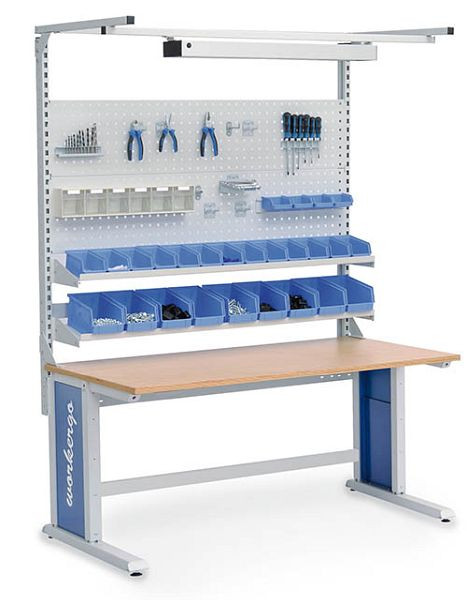 Workergo à structure multi-parois Bedrunka+Hirth avec cadre supérieur, 2x tôle perforée, 2x étagère, dimensions en mm (LxPxH) : 1500 x 750 x 1250, 4C150-3