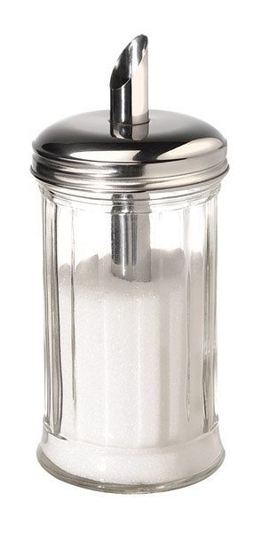 Distributeur de sucre APS, Ø 7,5 cm, hauteur : 17 cm, 320 ml, récipient en verre, couvercle à vis en inox, avec tube doseur, 40506