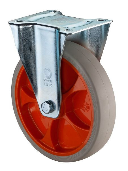 Rouleaux de transport à rouleaux fixes BS, roue en caoutchouc thermoplastique, jante orange, pneu gris clair, roulement à rouleaux, plaque, diamètre : 200 mm, L410.B44.201.02