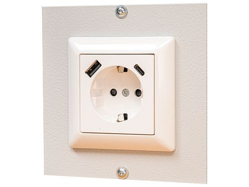 Plaque de recouvrement Bedrunka+Hirth avec fiche Schuko, connexion USB A et USB C, dimensions en mm (LxH) : 125 x 125, 07.861.26