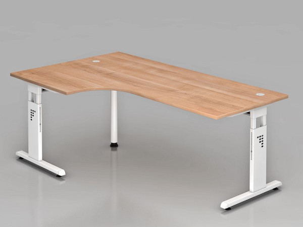 Table d'angle Hammerbacher pied C 200x120cm 90° noyer/blanc, forme d'angle 90°, peut être montée à gauche ou à droite, hauteur de travail 65-85 cm, VOS82/N/W