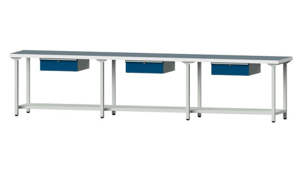 Bancs de travail ANKE table de travail, modèle 103, 4050 x 700 x 900 mm, RAL 7035/5010, UBP 50 mm, 400.543