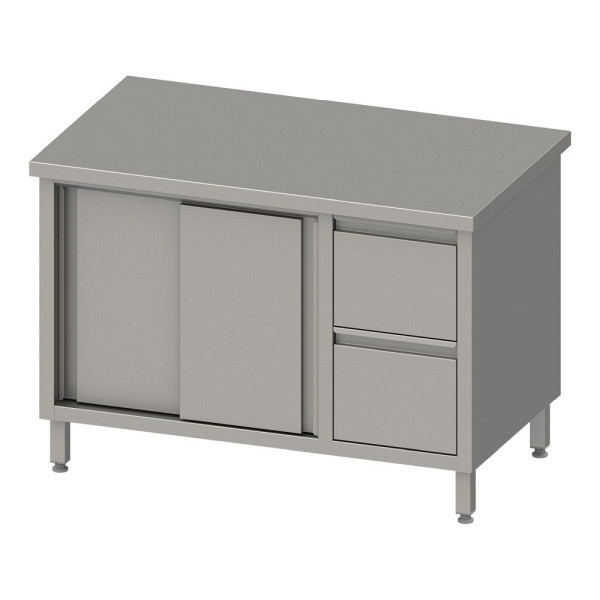 Armoire de travail Stalgast avec portes coulissantes 2000x700x850mm, avec bloc 2 tiroirs à droite, sans dosseret, soudé, VAS20704R
