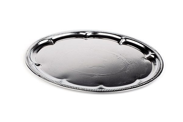 Assiette de fête APS, ovale, 46 x 34 cm, métal nickelé et chromé brillant, bord roulé, lot de 48, 00391