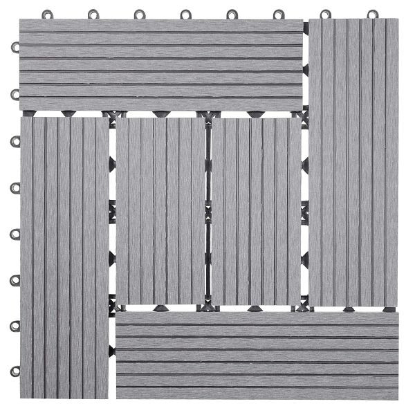 Carrelage de sol Mendler WPC Rhone, balcon/terrasse aspect bois, 11x chaque 30x30cm = 1m², base, décalage gris, 54441