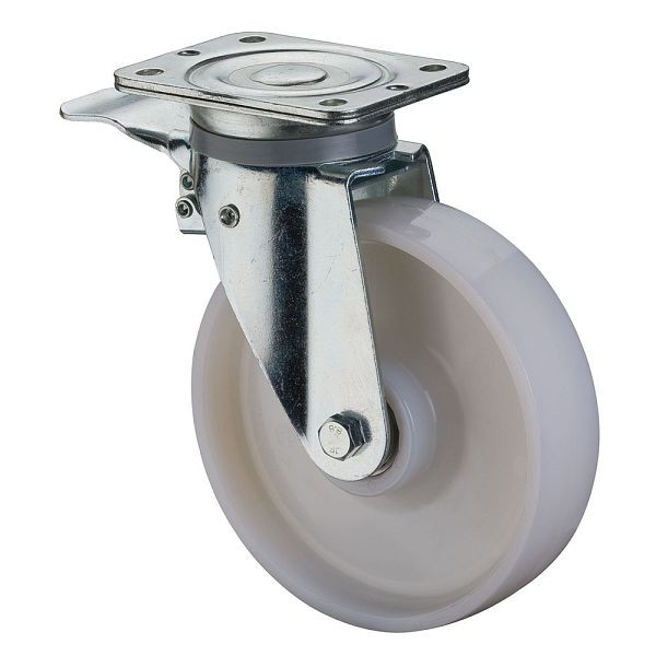 BS Rolls Roulette pour charges lourdes avec frein, largeur de roue 50 mm, Ø roue 200 mm, capacité de charge 600 kg, bande de roulement/corps de roue en plastique, roulement à billes, N120.B15.202