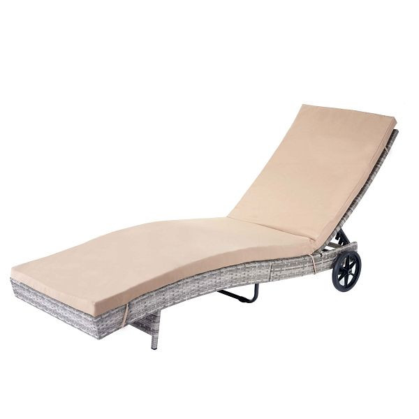 Chaise longue Mendler HWC-D80, chaise longue de jardin, chaise longue de relaxation, rotin synthétique, gris, coussins beiges, 64458