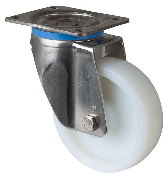 Roulette pivotante pour charges lourdes en acier inoxydable, roue en acier inoxydable, roue en plastique, roulement lisse, plaque à visser 150 mm, capacité de charge 450 kg, HS100.A90.151