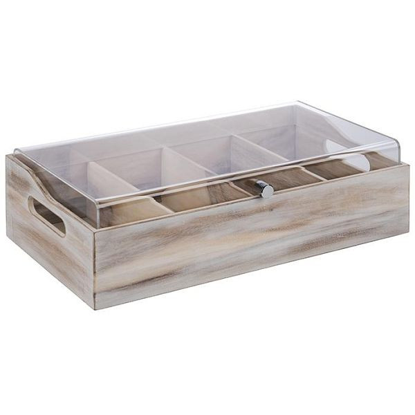 Boîte à couverts APS avec couvercle, 51 x 28 cm, hauteur : 14,5 cm, bois d'acacia, blanc, couvercle en acrylique, 4 compartiments, chacun : 26 x 11,5 cm, 11948