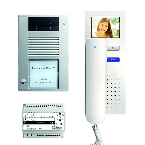 Vidéo interphone TCS : pack AP pour 1 habitation, avec platine de rue AVD 1 bouton sonnette, 1x visiophone IVH3222, commande, PVE1510-0010