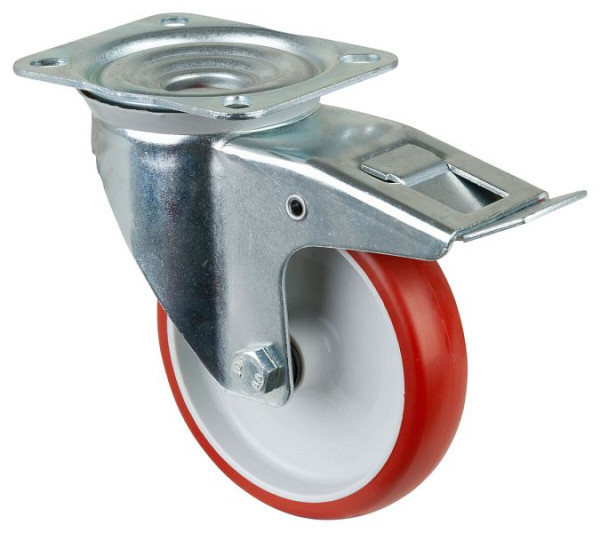 Rouleau de transport BS rollers avec frein, largeur 35 mm, Ø150 mm, jusqu'à 240 kg, polyuréthane rouge, roulement à rouleaux, plateau, lot de 2, L420.B31.150