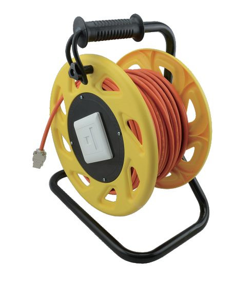 Enrouleur de câble Helos, câble réseau Cat 7A, mobile, orange/jaune, 50,0 m, 304281