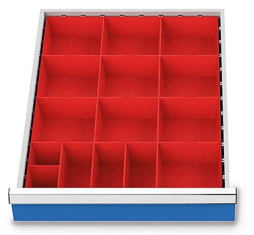 Bedrunka+Hirth inserts de tiroir T736 R 18-24, pour hauteur de panneau 75 mm, 10 x KTK 150 x 150 mm, 3 x KTK 75 x 150 mm, 2 x KTK 75 x 75 mm, 119BLH75