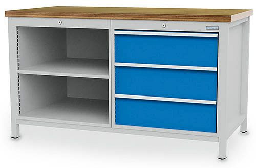 Établi à caissons Bedrunka+Hirth largeur 1500 mm, R24-24, 3 x tiroirs, 2 x étagères dimensions en mm (LxPxH) : 1500 x 750 x 859, 03.15.03VA