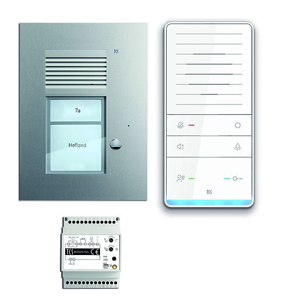 Système de commande de porte audio TCS : pack UP pour 1 unité résidentielle, avec poste extérieur PUK 1 bouton de sonnerie, 1x haut-parleur mains libres ISW5031, unité de commande BVS20, PAUF011 / 001