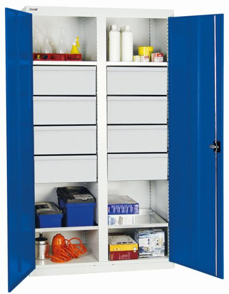 armoire à outils et matériaux contondants série 2000, 7035/5010, 8 tiroirs, cloison centrale, 4 étagères, 2004674