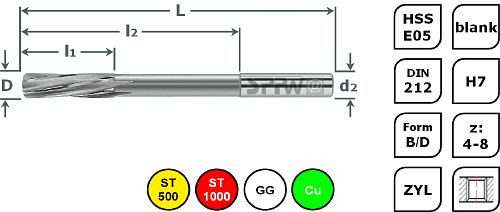 Alésoir machine SPPW HSS-E05 8 pièces dans un jeu Ø2 H7 - Ø12 H7, 1131800006