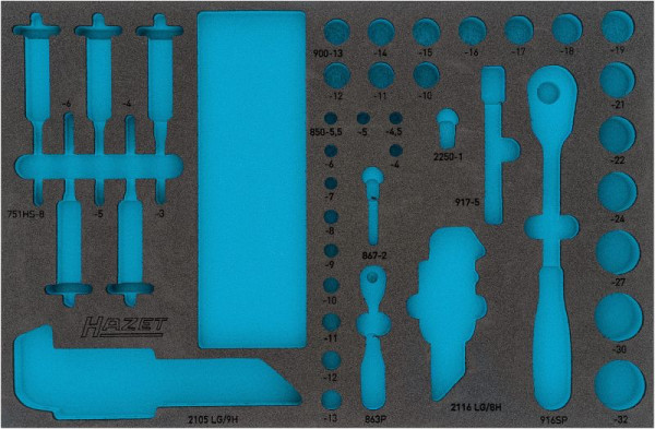 Insert en mousse souple à 2 composants Hazet, pour 163-466/106 Dimensions / longueur : 519 mm x 342 mm Taille du système d'organisation : 3/3 (519 x 342 mm), 163-466L
