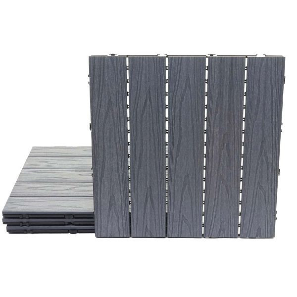 Carrelage de sol Mendler WPC HWC-E21, balcon/terrasse aspect bois, structure 3D à revêtement linéaire gris, 4x chaque 50x50cm = 1m², 65174