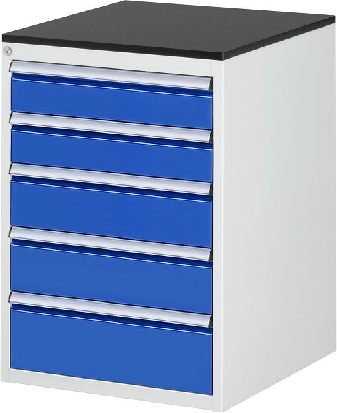 Armoire à tiroirs RAU série 7000, L580xP650xH820mm, tiroirs : 2xH120, 2xH150, 1xH180mm, plan de travail avec revêtement en résine mélamine, 03-L5.11A-M.11
