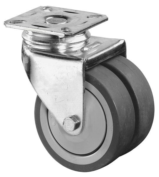 Appareil à rouleaux BS double rouleau, largeur de roue 2x24 mm, roue Ø 75 mm, capacité de charge 80 kg, caoutchouc gris, roulement à billes, plaque, lot de 4, B100.A85.075