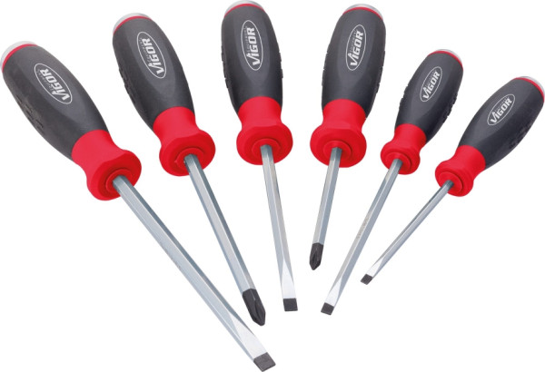 Jeu de tournevis VIGOR avec capuchon impact, profil fente, profil Phillips PH, 0,6 x 3,5 - 1,2 x 6,5, PH1 - PH2, nombre d'outils : 6, V3562