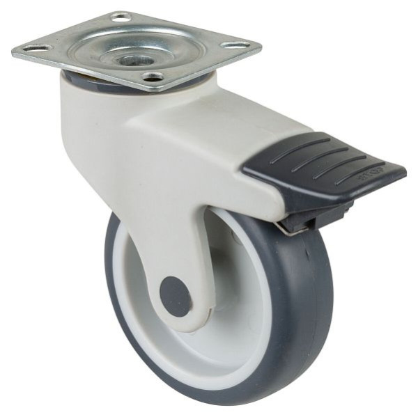 Rouleaux BS Rouleau en plastique avec frein, largeur 32 mm, Ø100 mm, jusqu'à 100 kg, bande de roulement en caoutchouc gris, palier lisse, platine, lot de 2, C120.A81.100