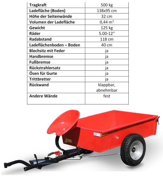 Charge utile maximale de la remorque PowerPac 500 kg pour MF17, MAK17HV500 / 5