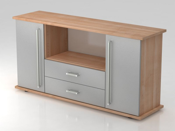 Buffet Hammerbacher 2 portes, 2 tiroirs, poignée chromée noyer/argent, 166,1x44,8x84 cm (LxPxH), VSBTS/N/S/CE