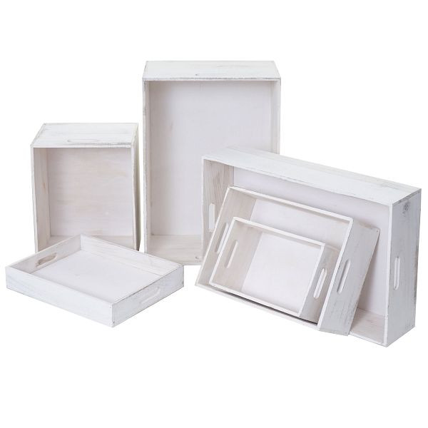 Mendler Lot de 6 caisses en bois HWC-C20, boite de rangement décorative en bois, look shabby vintage, blanc shabby, 61122
