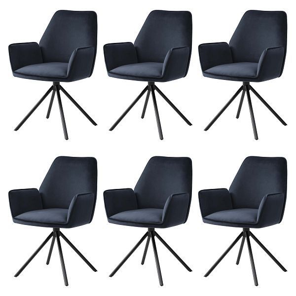 Mendler HWC-G67 ensemble de 6 chaises de salle à manger, accoudoirs de chaise de cuisine, position automatique pivotante, velours, bleu anthracite, pieds noirs, 6x75730