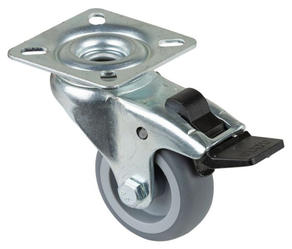 Rouleau d'appareil BS rollers, plateau, frein, largeur 20 mm, Ø50 mm, 50 kg, bande de roulement en caoutchouc gris, palier lisse, lot de 8, A320.A80.050