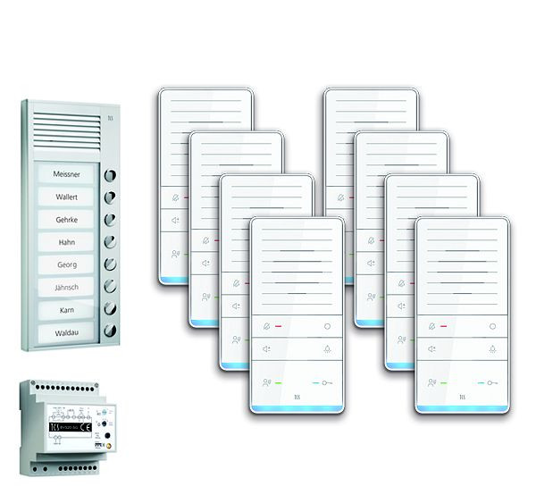 Système de commande de porte audio TCS : pack AP pour 8 unités résidentielles, avec poste extérieur PAK 8 boutons de sonnerie, 8x haut-parleur mains libres ISW5031, unité de contrôle BVS20, PAAF081 / 001