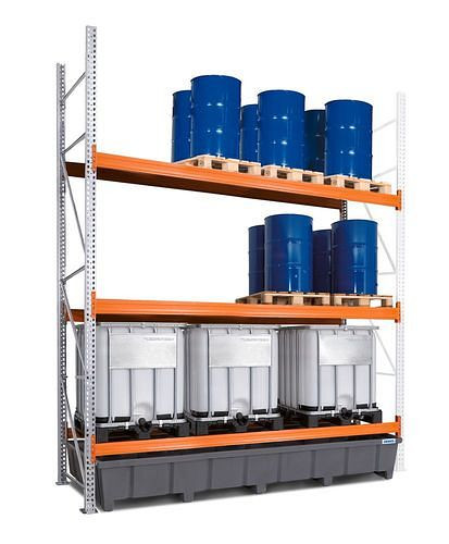 Rayonnage à palettes pour matières dangereuses DENIOS, champ complémentaire, 3 niveaux de stockage, bac de récupération en plastique, 3400 x 1315 x 3800 mm, 305698