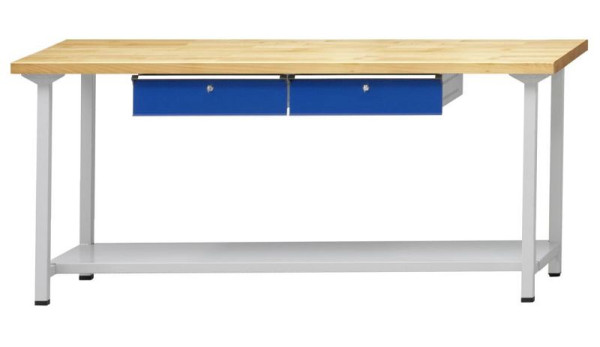 Table de travail ANKE; 2000x800 mm; RAL 7035/5010; 2xHängeschublade; 1x étagère de rangement en tôle d'acier de 600 mm de profondeur