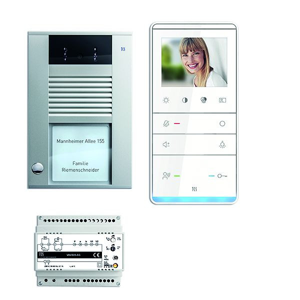 Vidéo commande de porte TCS : pack AP pour 1 logement, avec platine de rue AVD 1 bouton sonnerie, 1x haut-parleur mains libres vidéo IVW5111, commande, PVE16010-0010