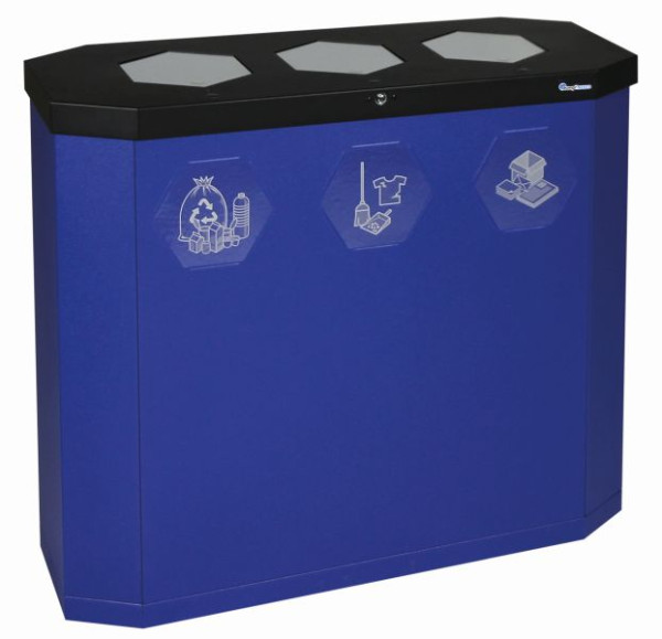 Blunt Sixco 3 Swing Station de recyclage 3 compartiments, 3 x 45 litres, bleu outremer métallisé, dimensions : 830x950x355 mm, avec rabats en acier inoxydable, 560-135-05
