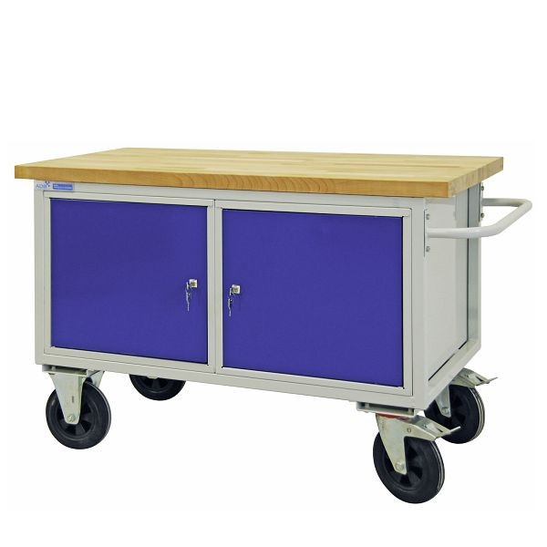 Etabli mobile ADB "type chariot de table" avec 2 portes, 840x1300x600 mm, couleur chariot de table : gris clair, RAL 7035, couleur porte/tiroirs : bleu clair (RAL 5012), 42744