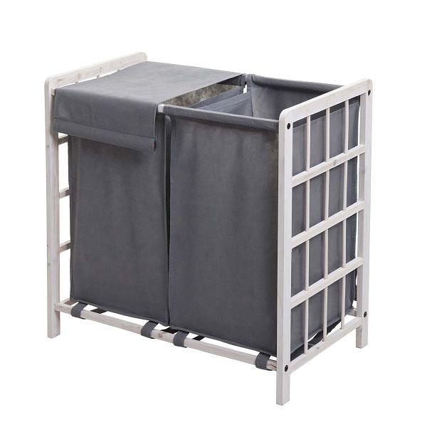 Collecteur de linge Mendler HWC-B60, Panier à linge, bois massif 2 compartiments 60x60x33cm 68l, blanc minable, couvercle gris, 75537