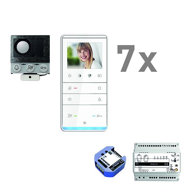 Boîte vocale encastrable vidéo TCS, 7 unités résidentielles, haut-parleur encastrable ASI12000 + 7x haut-parleur mains libres IVW5111, appareil de commande + transmetteur vidéo bifilaire, PVIF070/001
