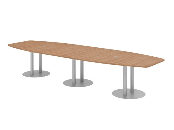 Table de conférence Hammerbacher KT40S, 400 x 130 cm, plateau : noyer, épaisseur 25 mm, avec trois pieds colonnes argentés, 7,6/70 cm, hauteur de travail 74 cm, VKT40S/N/S