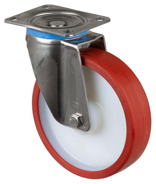 Roulette pivotante pour charges lourdes en acier inoxydable, roue en polyuréthane rouge, roulement lisse, plaque à visser, diamètre 200 mm, HS100.B27.201
