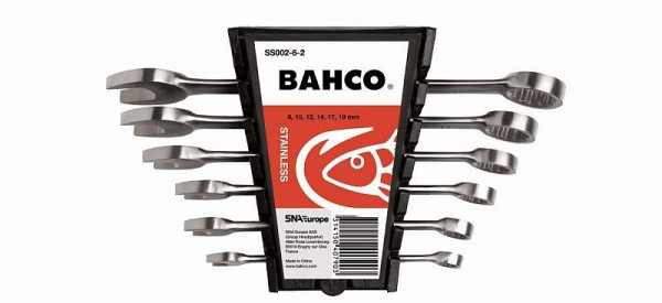 Jeu de clés mixtes Bahco, acier inoxydable/inox, magnétique, coudée à 15°, 6 pièces, 8-10-12-14-17-19 mm, dans un étui en plastique, SS002-6-2