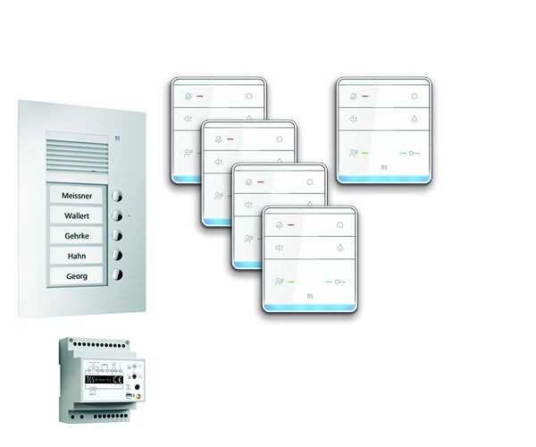 Système de commande de porte audio TCS : pack UP pour 5 unités résidentielles, avec poste extérieur PUK 5 boutons de sonnerie, 5x haut-parleur mains libres ISW5010, unité de contrôle BVS20, PPUF05-EN / 01