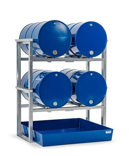 Râtelier à fûts DENIOS pour 4 fûts de 200 litres chacun, avec plateau en acier, 1429 x 1210 x 1637 mm, 291-784