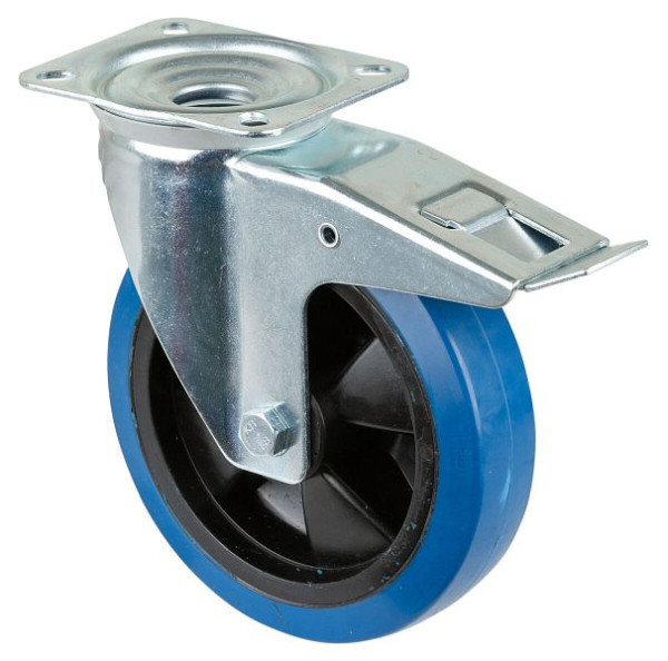 Rouleau de transport BS rollers avec frein, largeur 50 mm, Ø200 mm, jusqu'à 300 kg, pneus élastiques bleus, corps de roue en plastique, roulements à billes, L420.B62.201