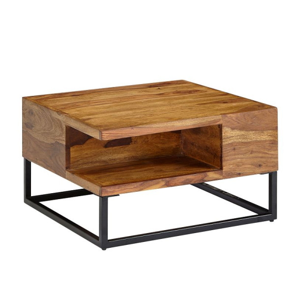 Wohnling Table basse 60x60x34,5 cm en bois massif de Sheesham/table de canapé carrée en métal, table de salon avec espace de rangement, table basse solide, WL6.535